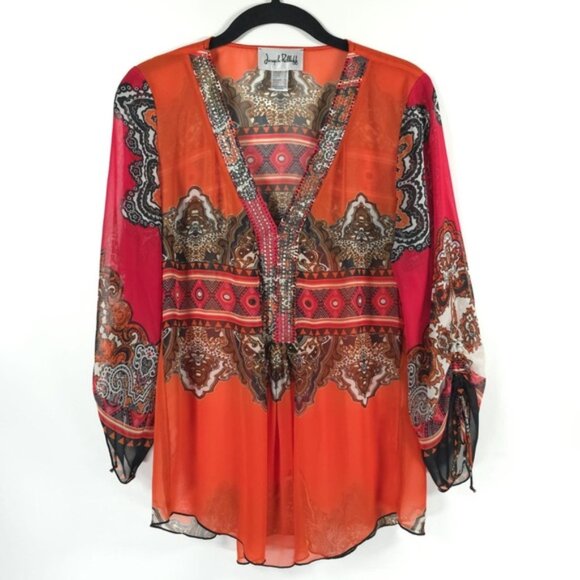 Joseph Ribkoff Bulgaria 🇧🇬 Made Semi Sheer Beaded Rhinestone V neck Top Size 4 - Picture 4 of 14